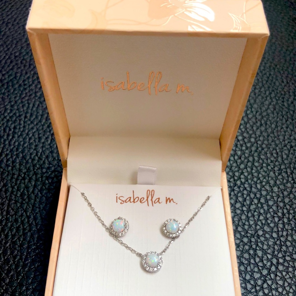 Silver necklace with silver earrings.